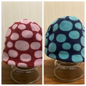 Hanna Andersson Reversible Fleece Hats Polka Dot Burgundy Pink Navy Blue Lot 2 L